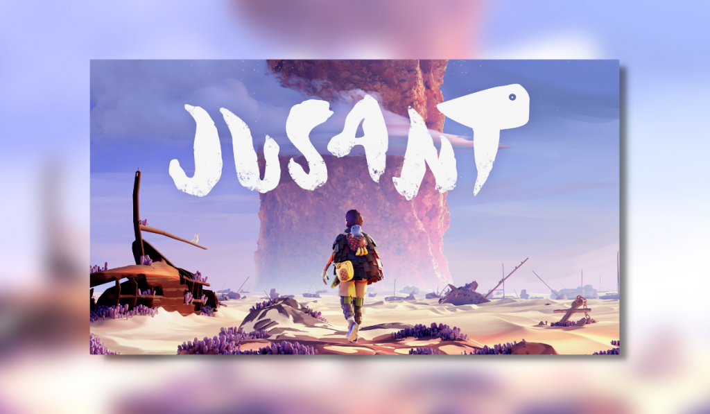 Jusant Key Art. The nameless protagonist is seen walking away from camera, across a dry seabed littered with shipwrecks, towards a large, looming, stone pillar in distance. In a small backpack there is a small blue blob like creature looking at camera wand waving.