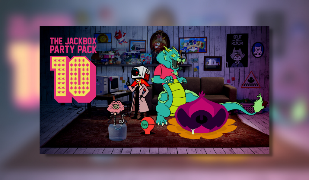 Jackbox 10 featured image showing characters from all the games available to play in this pack in a front room setting