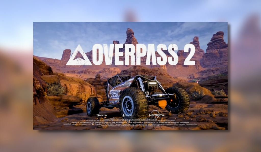 An Alll terrain vehicle is parked on a section of flat ground small rocks are dotted around the rear wheels. The games title Overpass 2 is above the car on the horizon line.