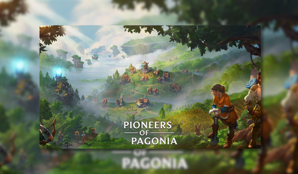 the featured image for the game Pioneers of Pagonia. The picture shows a character kneeling down, overlooking a valley, set with buildings, trees and clouds.