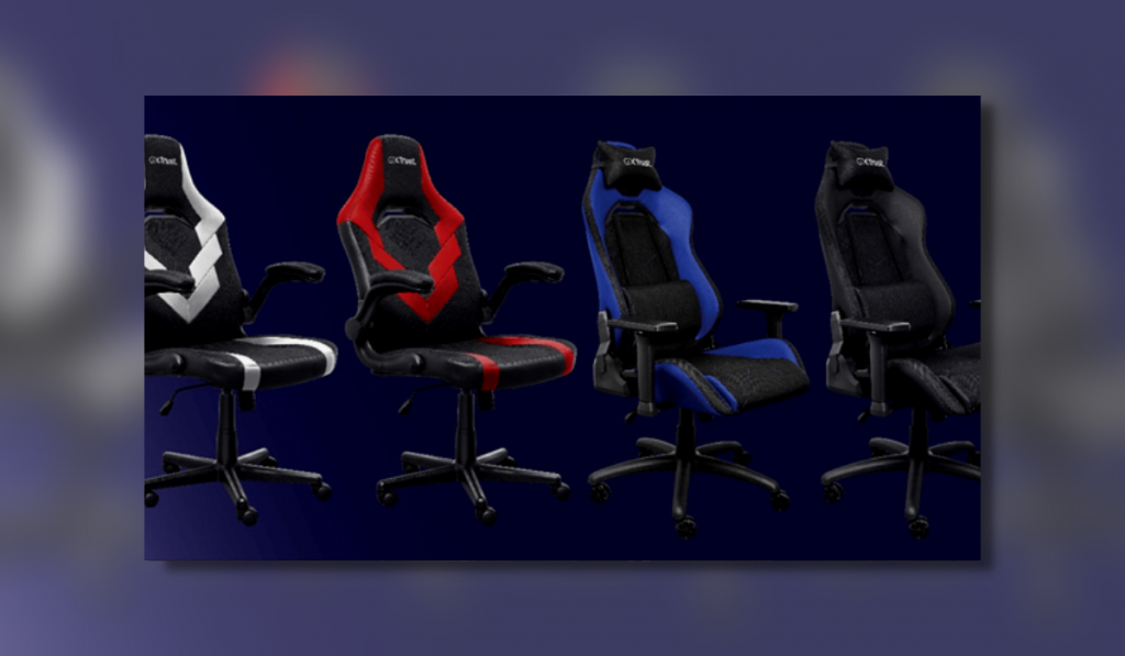 A picture of four gaming chairs. There is one white and one red chair of the Riye chair model. And on the right is two Ruya chair Models, one in a dark blue and one in black.