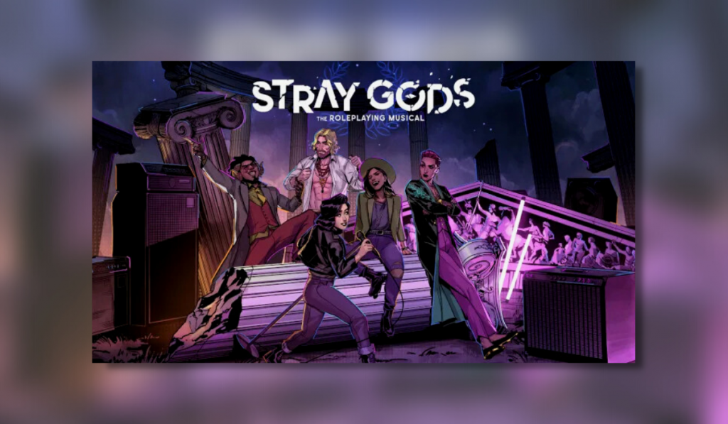 Some of the characters look like they are in a band as they stand and sit on fallen pillars. The protaganist Grace is front and centre holding a microphone. The title Stay Gods is at the top of the screen.