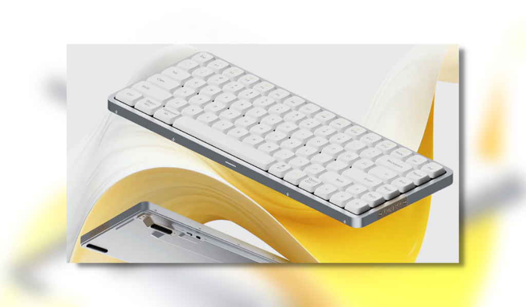 A white Lofree Flow keyboard with yellow swirl background