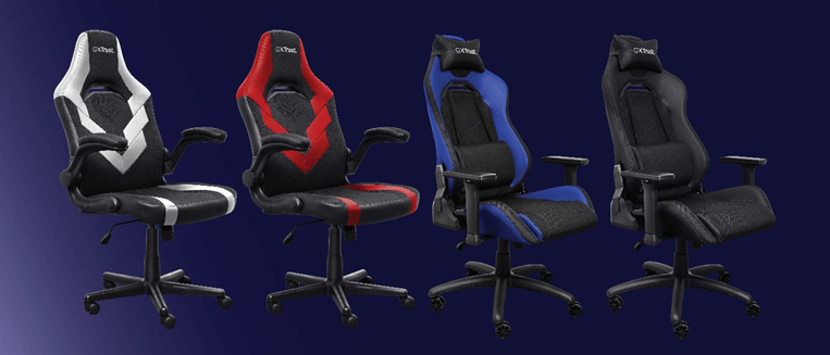 This image show two Riye chair models next to each other on the left, one white and one red. On the right is two Ruya chair Models, one in a dark blue and one in black.