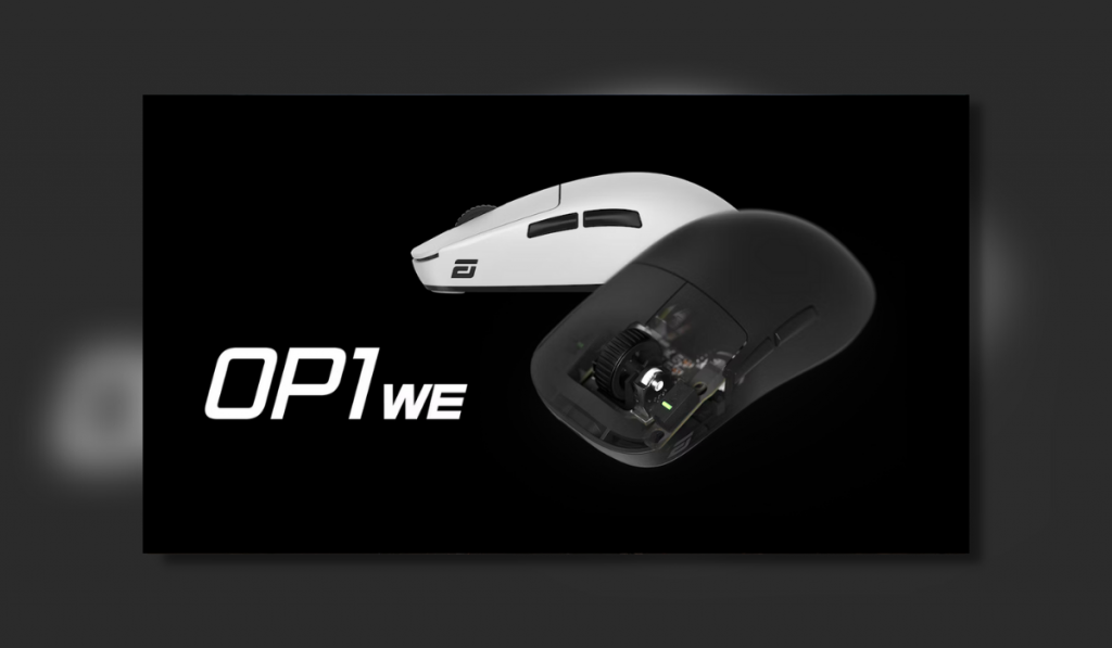 screenshot showing one black and one white op1we gaming mouse set against a black background. The white one is side on while the black one is shown from an angle looking down with a window through it to see its inner workings.