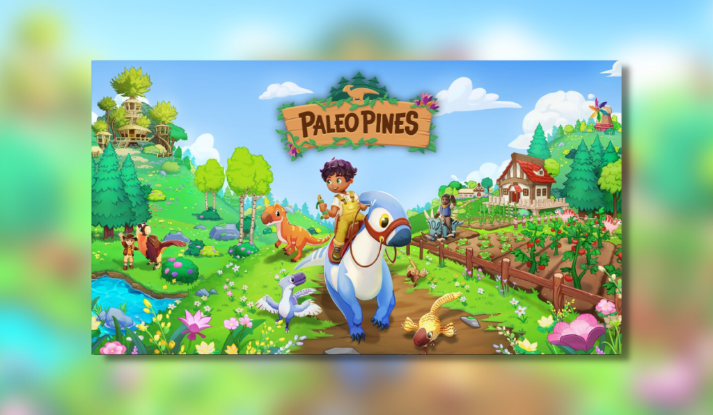Screenshot showing the Paleo Pines splash screen. A character is featured on top of a blue and white striped dino. There is a brown path and either side is green grass. Behind is an unfolding landscape of wooden framed villages, a field growing red tomatoes and an inviting blue sky with white fluffy clouds. The title "Paleo Pines" is at the top centre on a brown board with the icon of the dino you are riding.