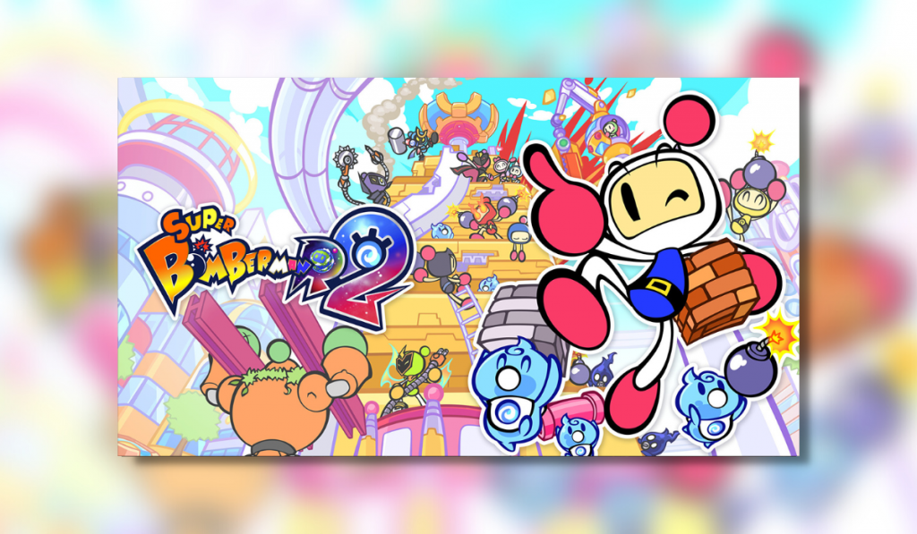 screenshot showing the super bomberman r 2 title screen. It is full of life and colour with the bomberman White at the front giving a pink thumbs up. Behind is a yellow path that disappears into the distance.