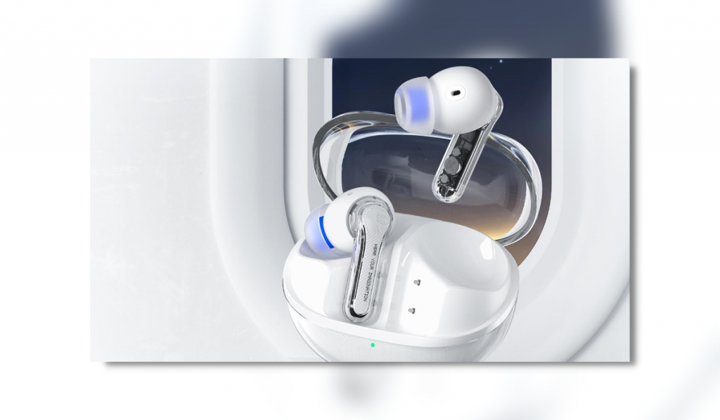 white and see through SoundPeats Clear earbuds in a open white and see through charging case