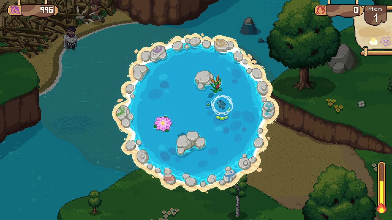 A screenshot of the fishing minigame from Roots of Pacha