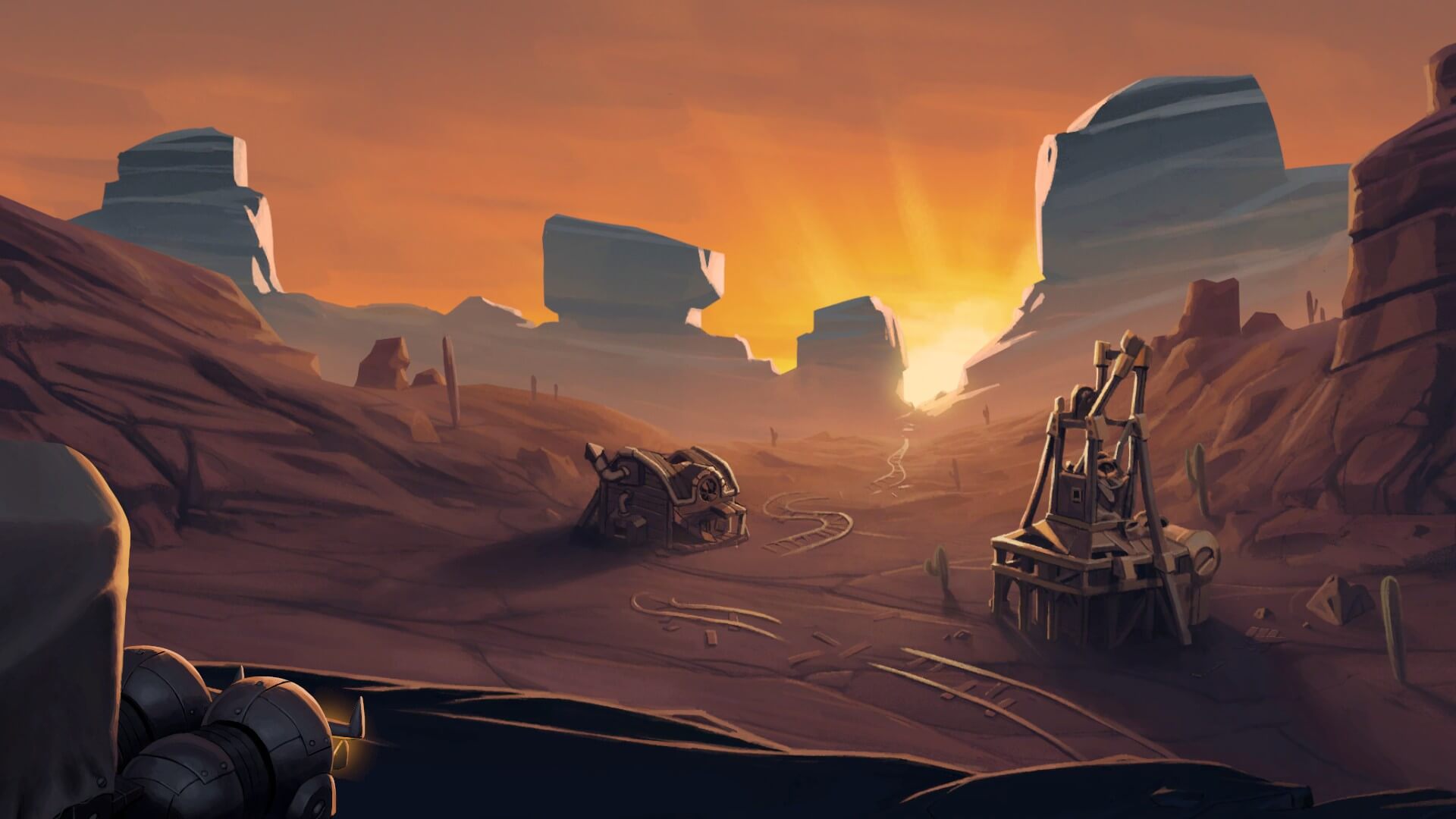 A shot from the opening cinematic. There are large cliffs in the distance with the sun peering out from between the furthest and closest. the environment is a barren waste with various wrecks and ruins scattered around. One of the main structures seemed to be an oil rig.