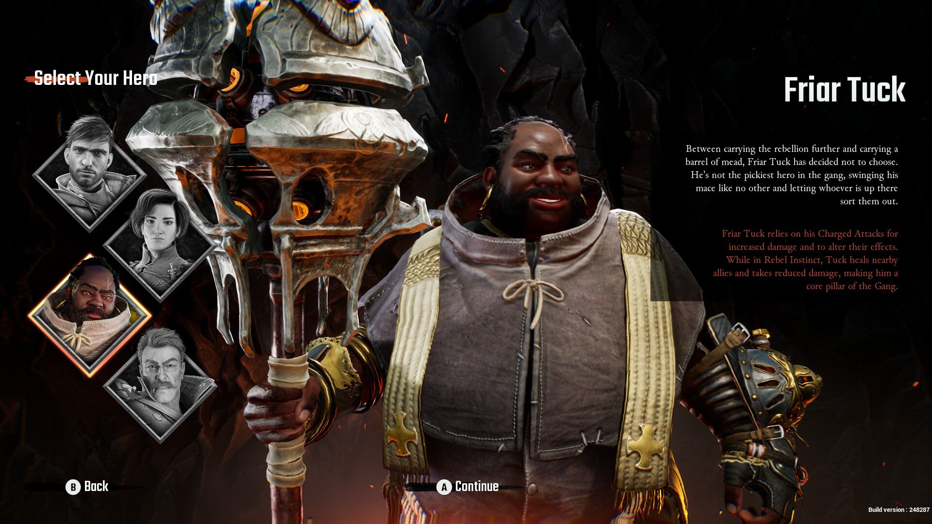 A picture of the character selection screen. The character is given a small description of their personality on the left and also a brief way of how they play.
