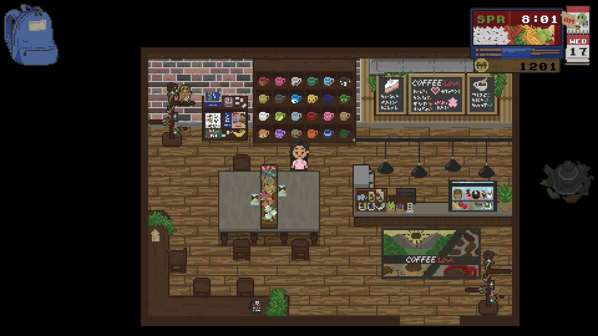 Screencap of Spirittea game play. Player character is sitting at a table in a coffee shop. On the wall there are portraits, as well as a bookcase filled with coloured mugs.