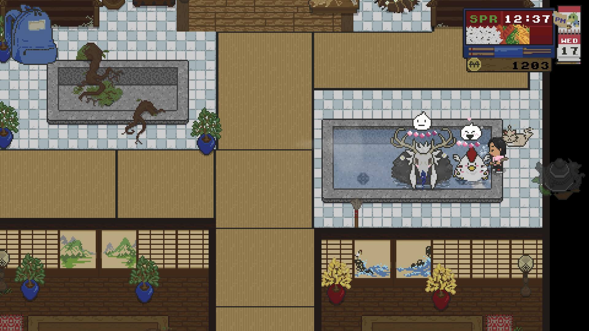 Screencap of Spirittea gameplay. Player character is running the bathhouse/onsen and is scrubbing one of the spirits that is soaking in a hot tub.