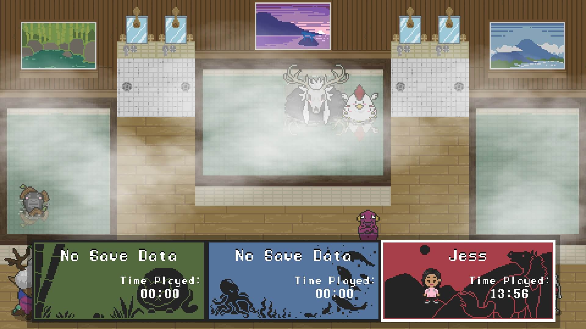 Screen capture of Spirittea's loading screen. Three hot tubs are displayed, the left and centre ones are occupied by various spirits. The third profile is selected, with the name Jess and time played 13:56.