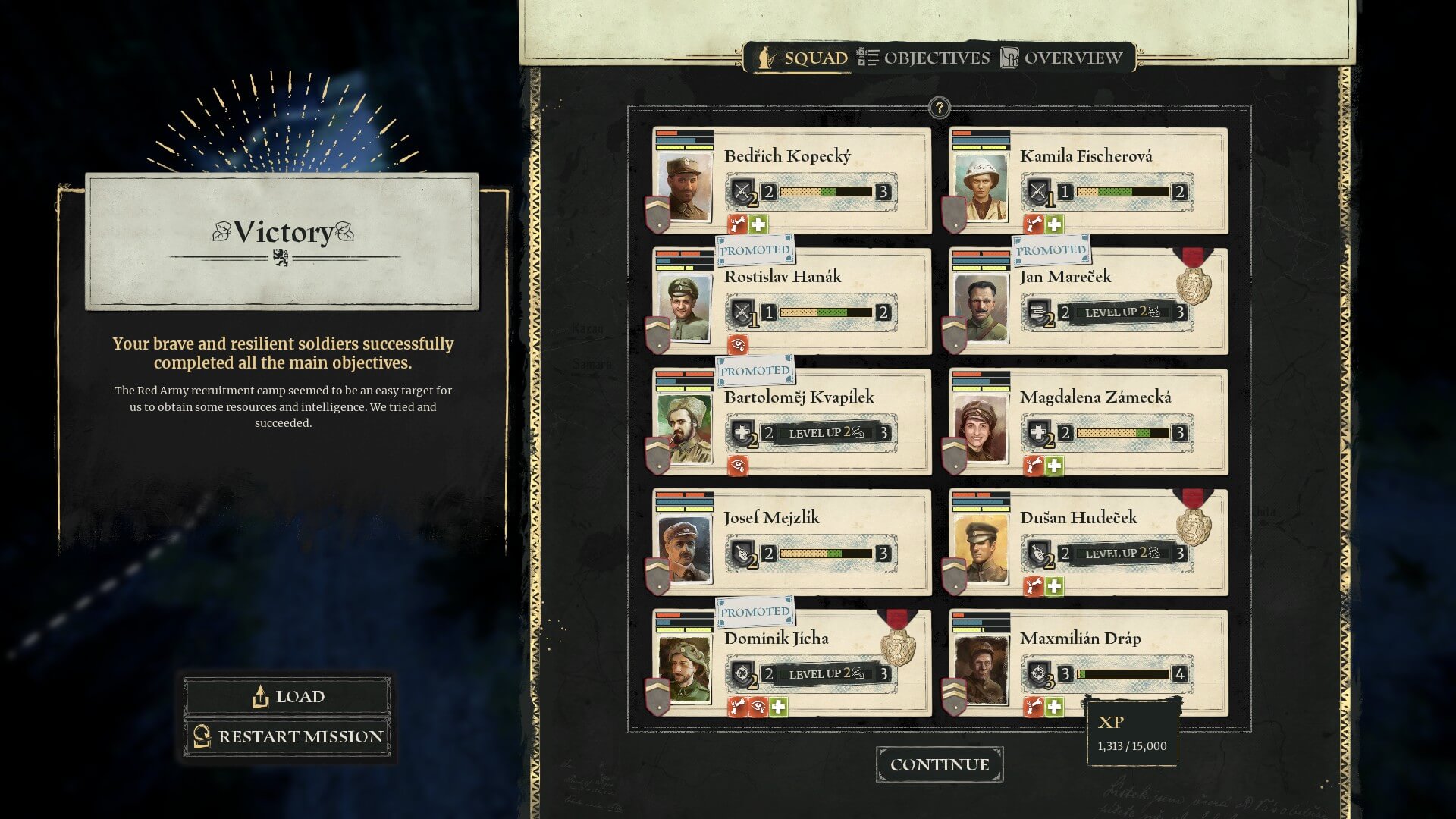 The victory screen lets the player reward three medals to their men to help boost the combat experience.
