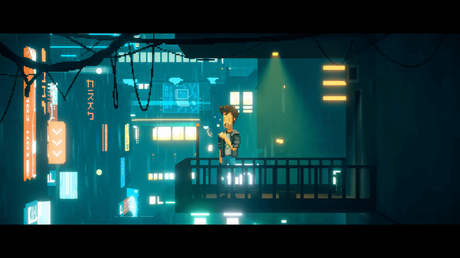 A futuristic night city scape features in the background. On a balcony in the foreground is a person smoking a cigarette