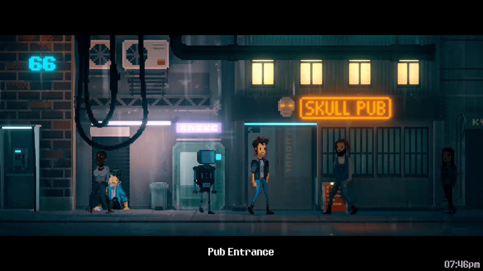 A futuristic street is featured predominently with an assortment of qurirky characters strewn across it