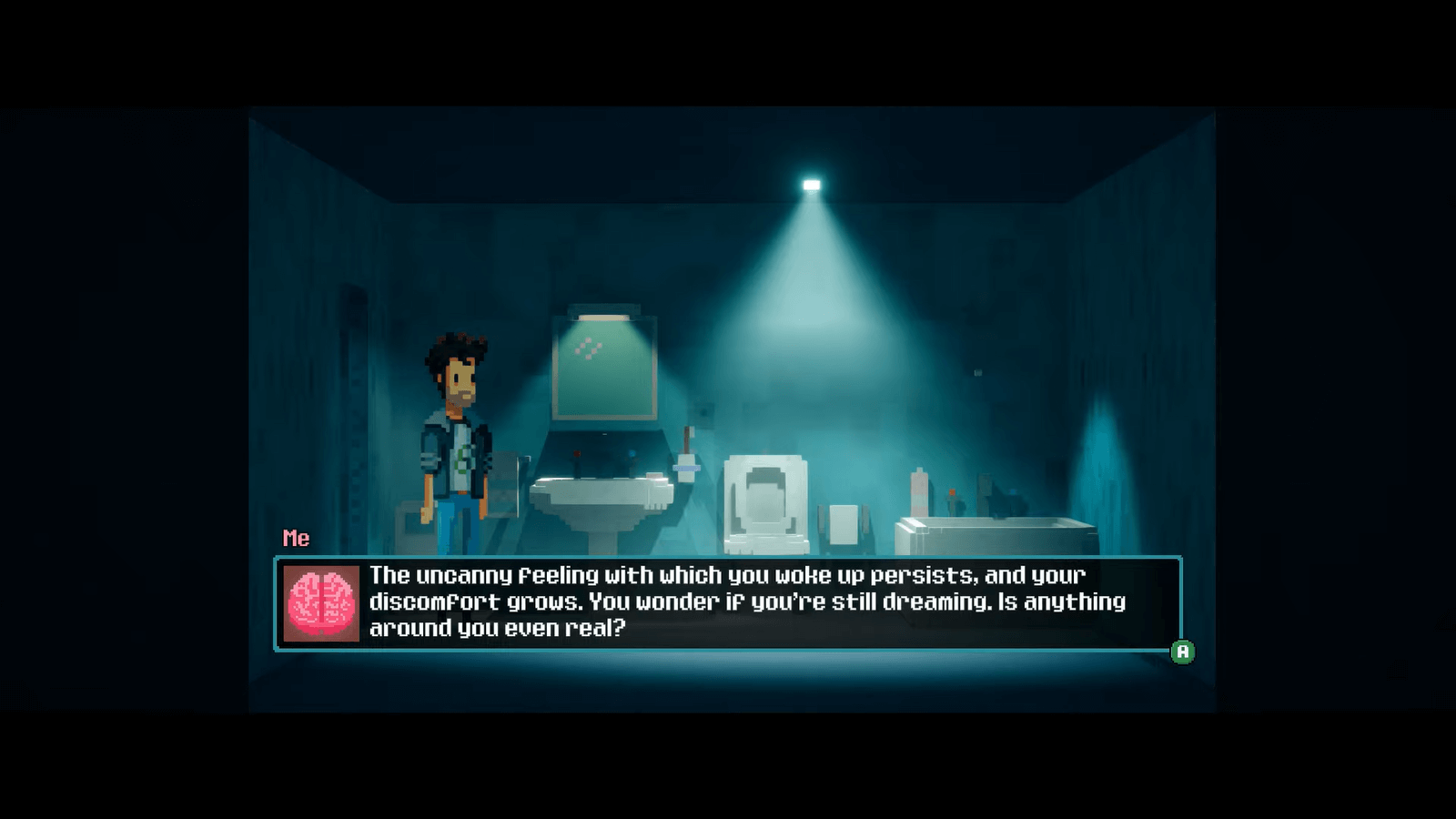 A pixel art bathroom bathed in light from above features in the background. A man stands in the foreground. A string of text is at the bottom