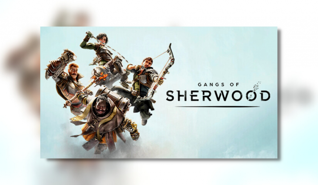 Feature image for Gangs of Sherwood. In the picture are the four main heroes flying forward with the title text on the right side.