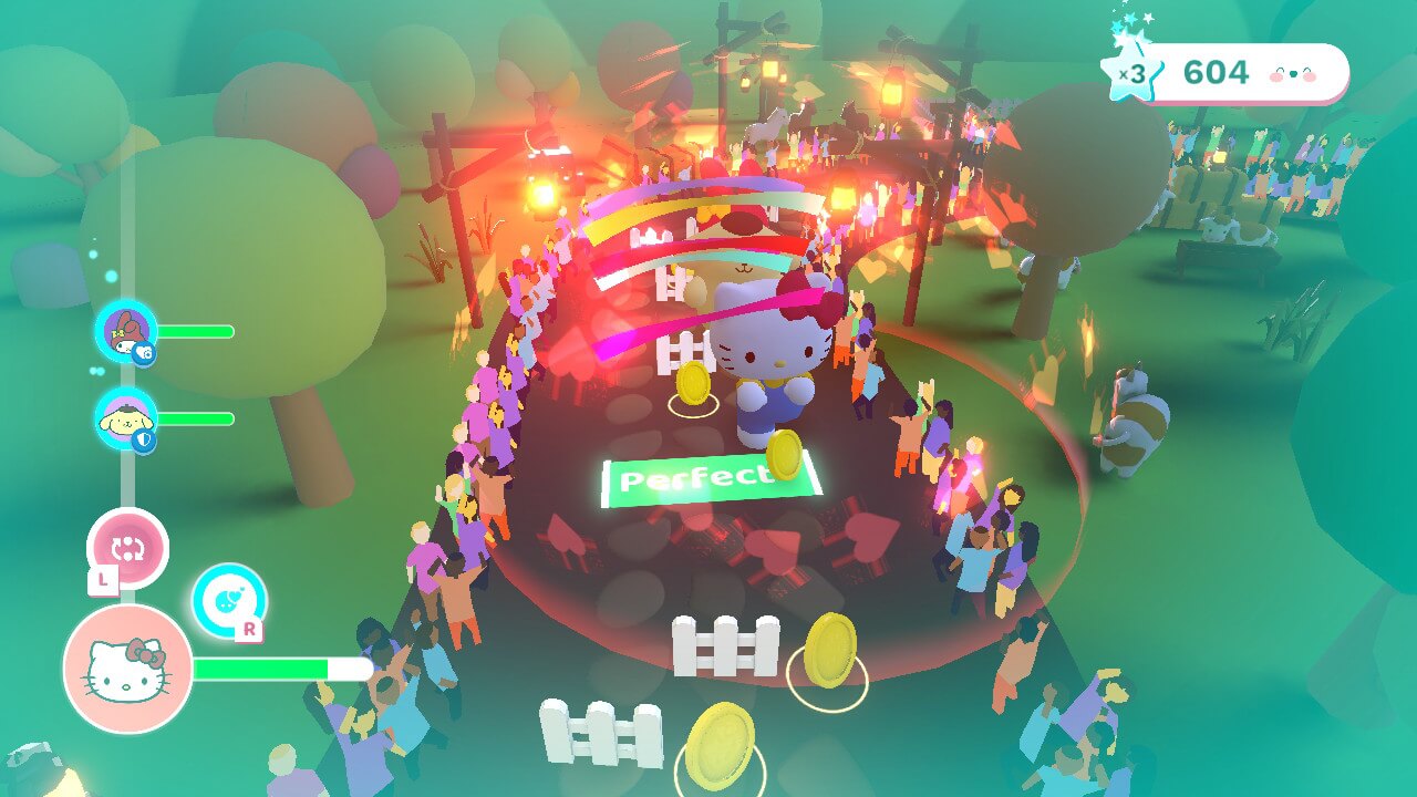 Screenshot of the level in Hello Kitty and Friends: Happiness Parade, you can see Hello Kitty tapping to the beat. 