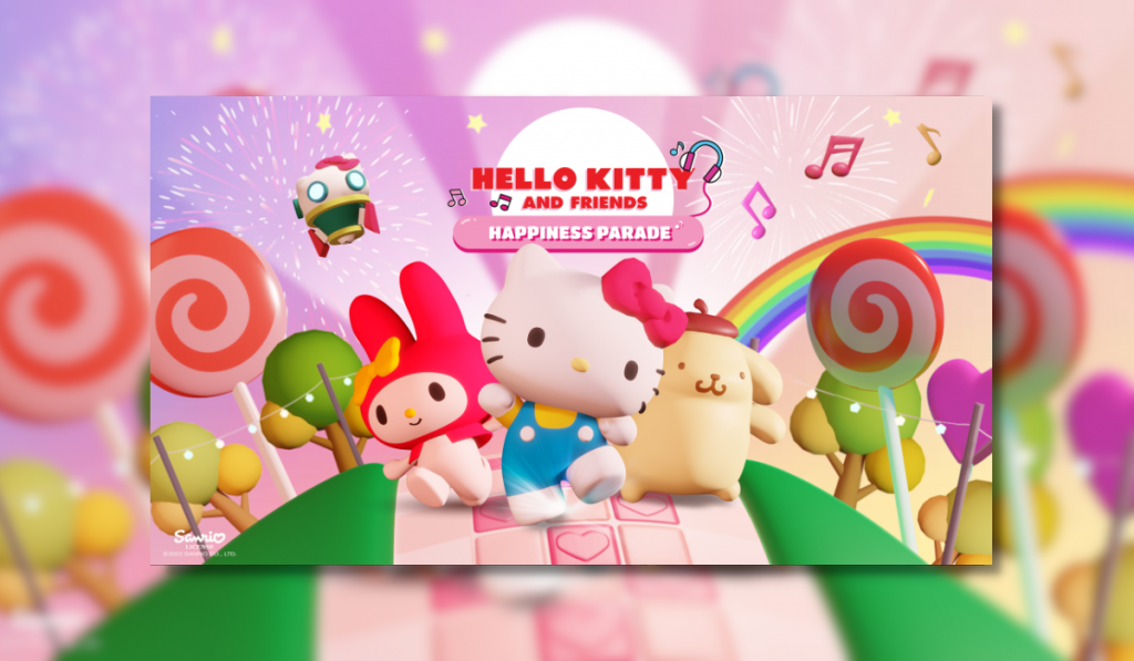 Key art for Hello Kitty and Friends Happiness Parade. You can see Hello Kitty, My Melody and Pompompurin dancing on a pink, brick road. Rainbows and trees and be seen in the background.