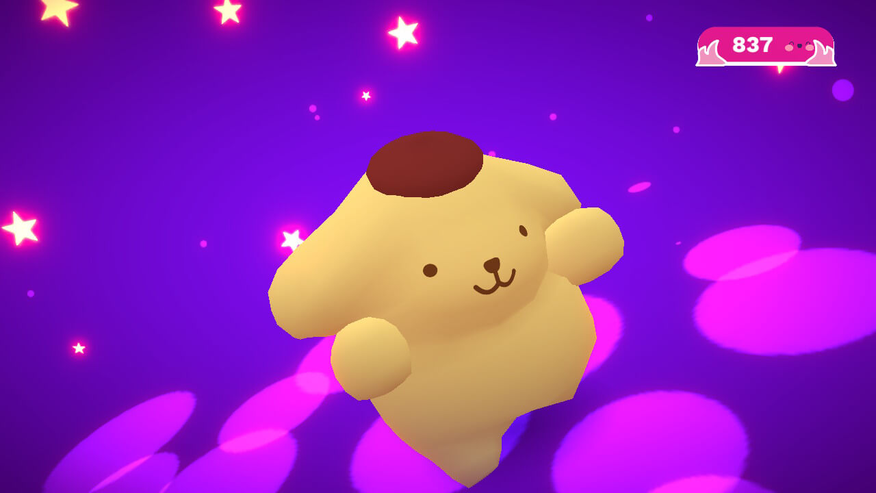 A screenshot of Hello Kitty and Friends: Happiness Parade with Pompompurin striking a pose. 