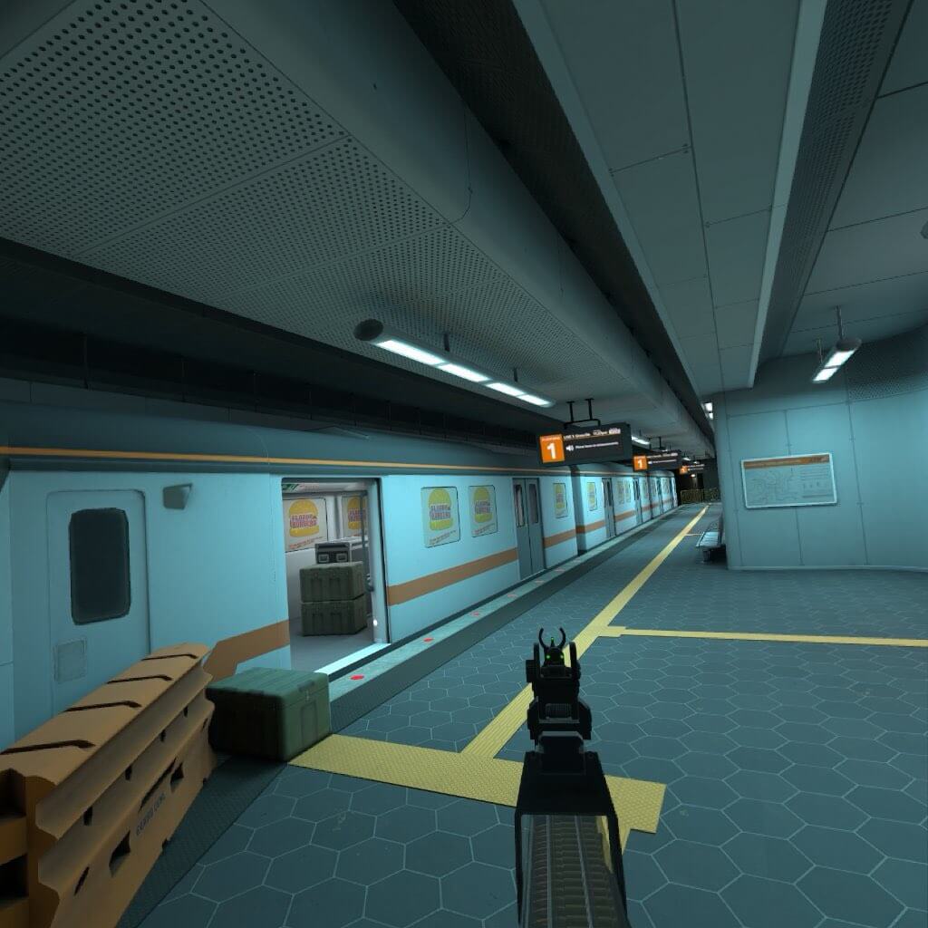 playing gun game on a train station, note the yellow line and the textures evident in the image. An open train carriage is on the left and a railway map is on the right side