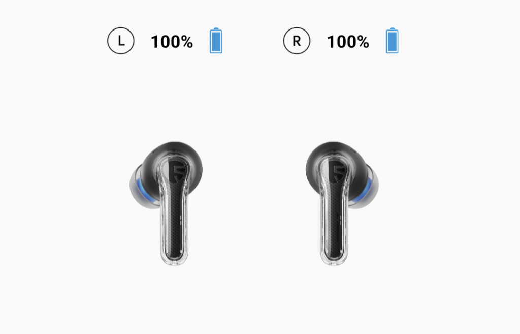 left and right earbuds with battery life percentage displayed above each
