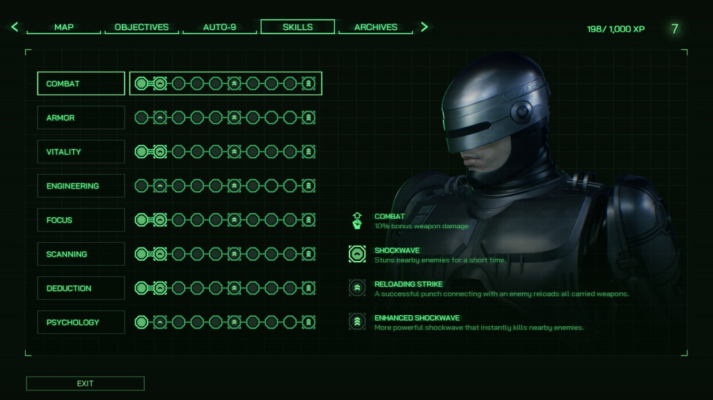 RoboCop upgrade tree. There are 8 things to be upgraded with 10 point limits. The list is, Combat, Armor, Vitality, Engineering, Focus, Scanning, Deduction and Psychology.
