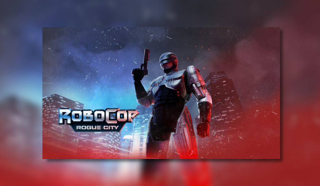 RoboCop stands holding his gun pointing upwards. in the background is skyscrapers of Detroit. It is nightime. There is a smokey effect. The background has a blue to red hued overlay. Next to RoboCop is the Games logo reading "RoboCop Rogue City"