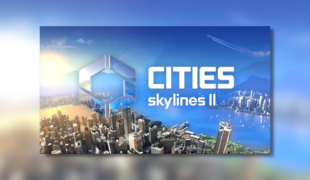 screenshot showing the cities skylines II logo and splash screen. A blue skyline is seen with a a huge city below it featuring an assortment of skyscrapers and smaller buildings. It is a beautiful vista.