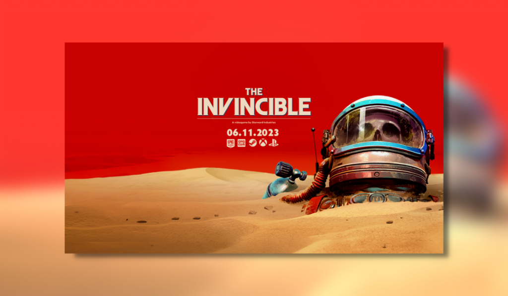 the invincibles key art, a sandy coloured foregrgound with a space helmet buried with a skull inside. The game writing is in white in the centre of the screen