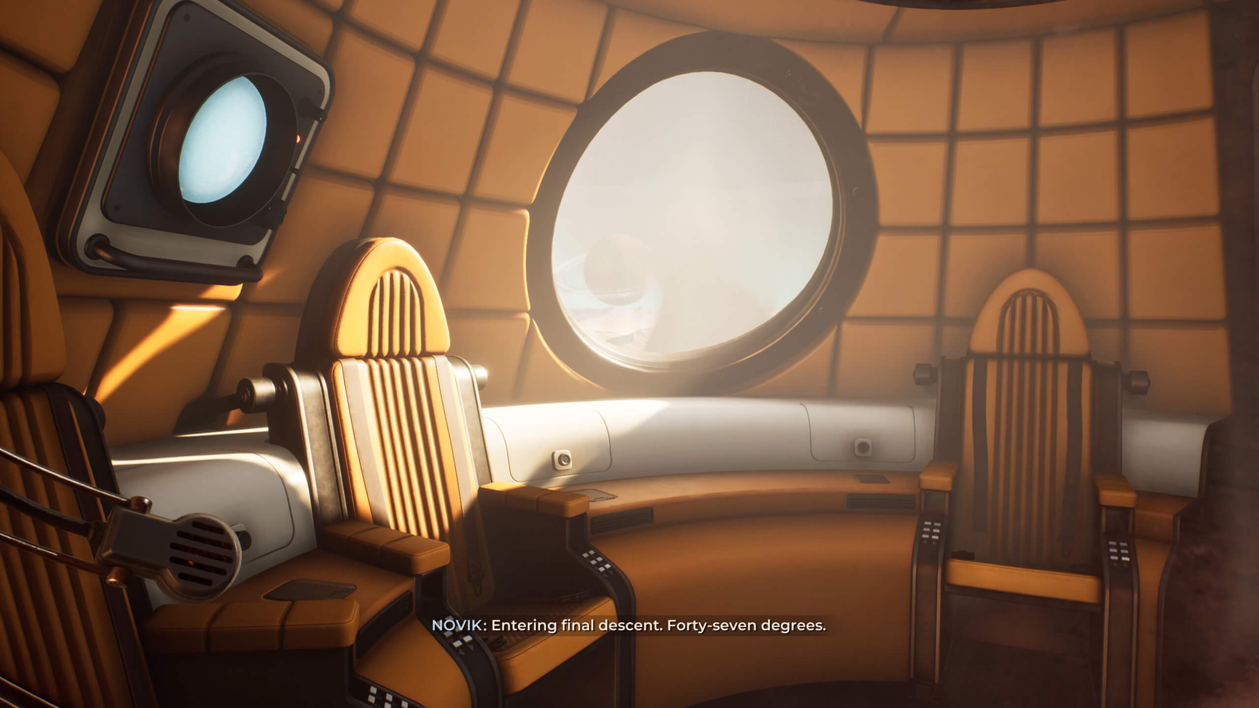Dr Yasna is inside the retro looking dropship as she goes to the surface of Regis III