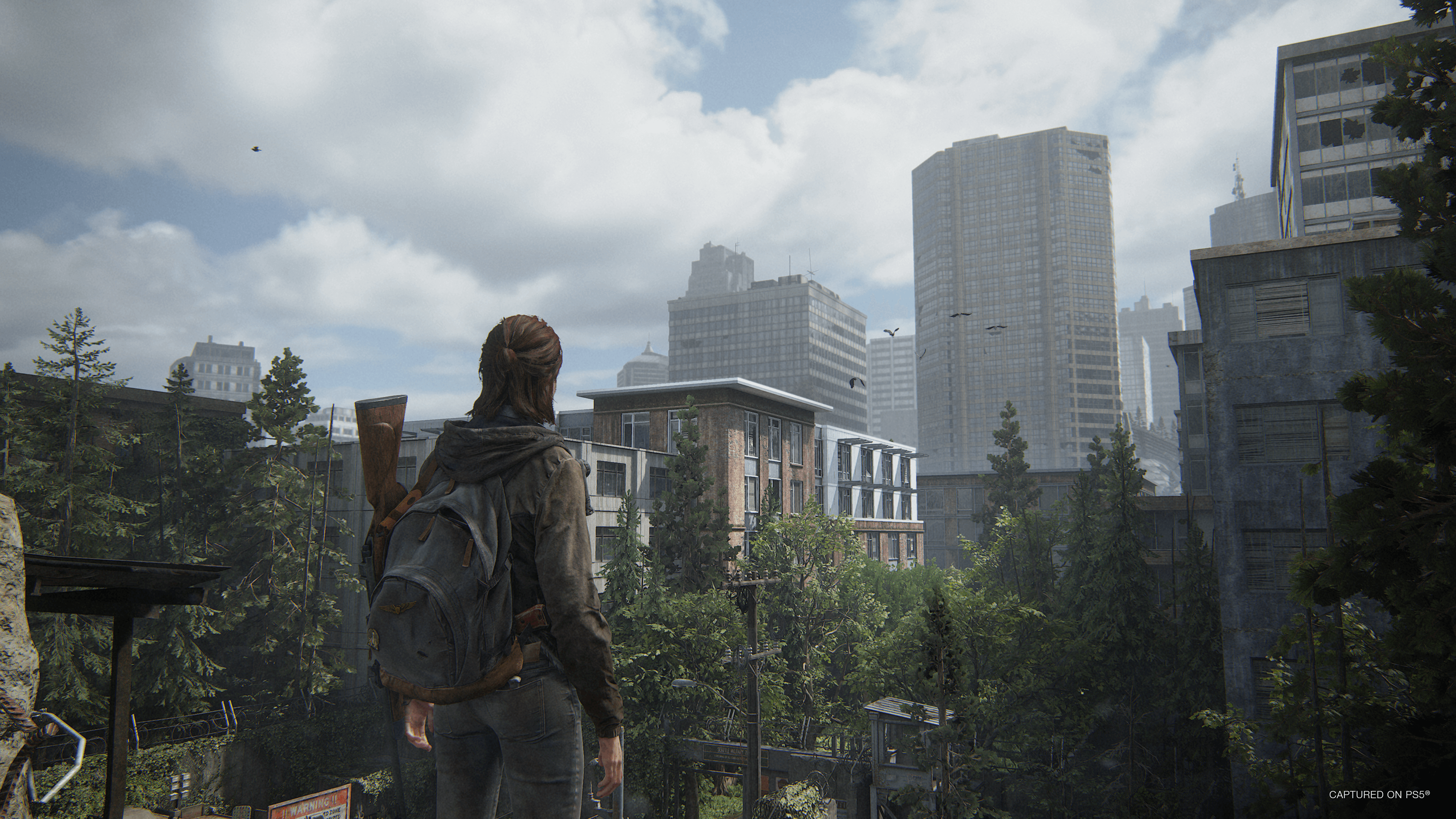 Ellie stands upon a roof overlooking the street. Trees grow with green leaves. A cloudy blue sky and tall buildings are in the distance