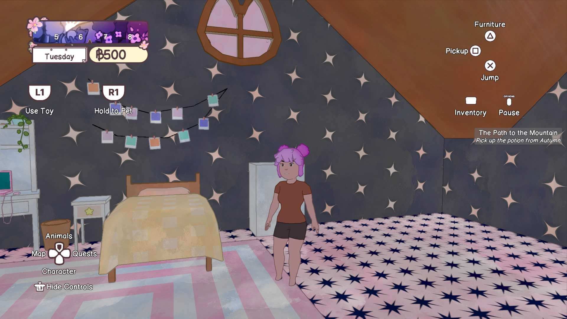 My character in Calico in her bedroom. The wallpaper is a midnight grey with bright stars. You can also see a yellow bed and a white and pink striped rug.