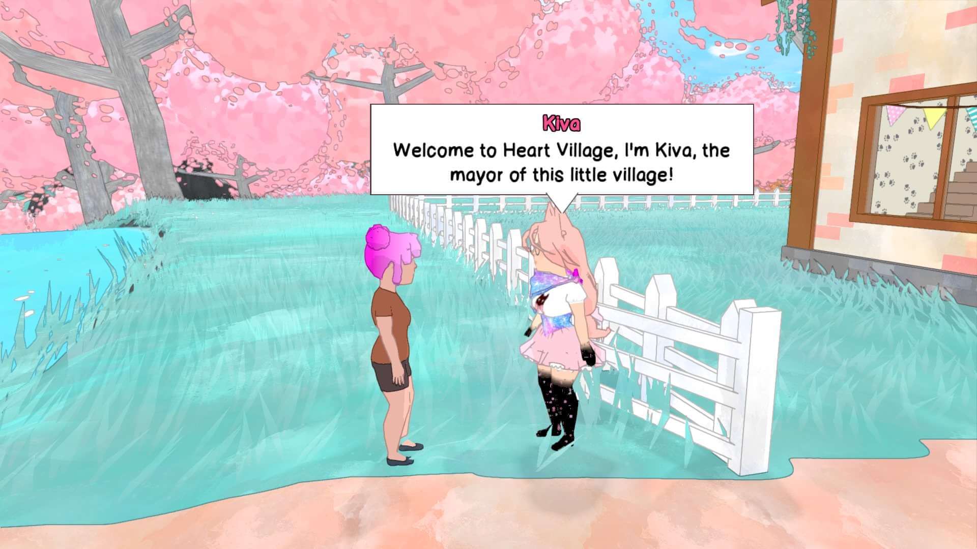 My character in Calico meeting Kiva, the mayor of Heart Village. 