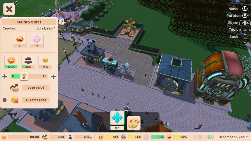 screenshot showing a typical pop-up window for a stall. Here I am reviewing the price of the gelato, shown with a slider bar. The icons are colourful and obvious as to what they are. In the background is my park with a jukebox restaurant and a teddy bear shop with a panda sitting on the roof.