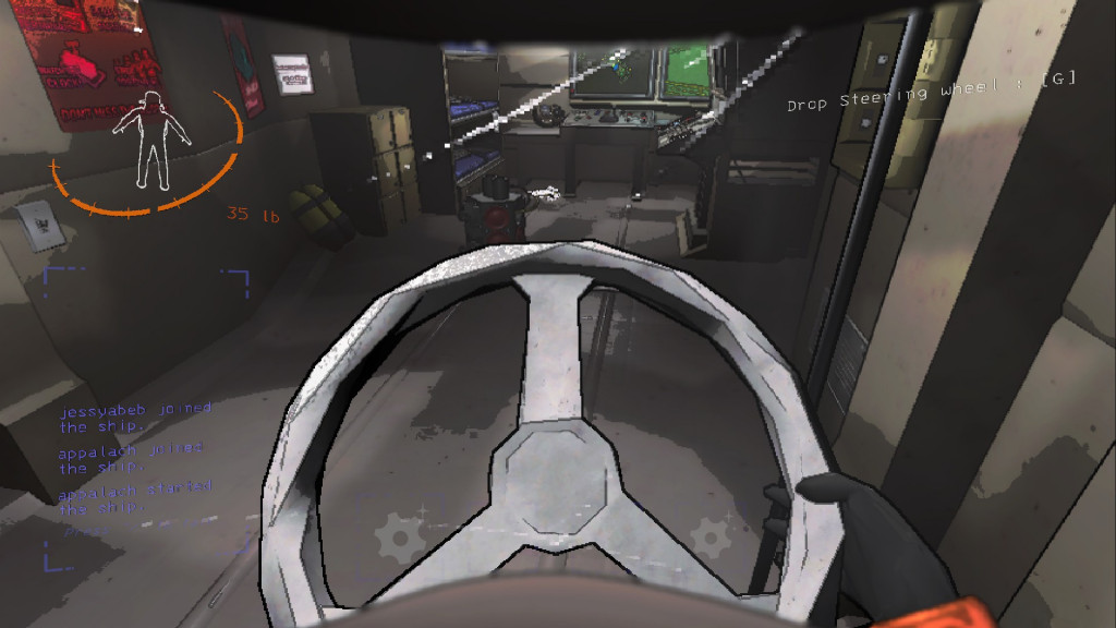 Screencap of gameplay footage from Lethal Company. Player character is holding a steering wheel, and is inside of the space ship where the player starts the game.