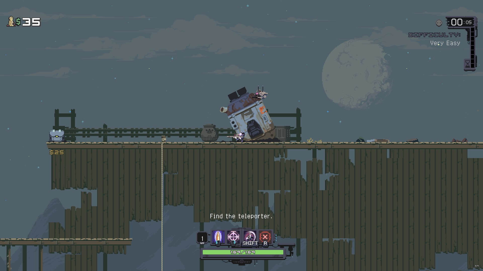 The sniper survivor lands on a wooden platform that is sturdy enough to take a capsule with the full force of entry with only a bit of dirt. A old looking pot near the entry point and a chest with the price of opening being $25. The sight of the moon seeming larger than anyone would be comfortable with.