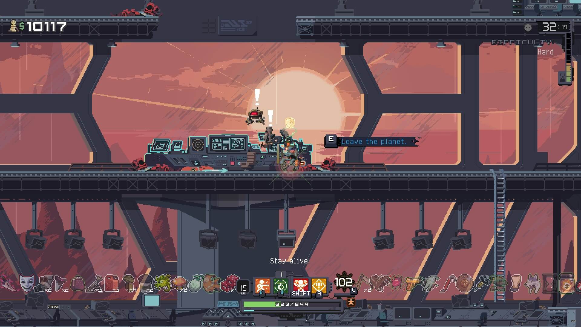 A huge room with broken monitors and a view literally to die for. Survivor with several amount of items that can barely fit in the screen. The sun rising over the horizon while four corpses lie there montionless.