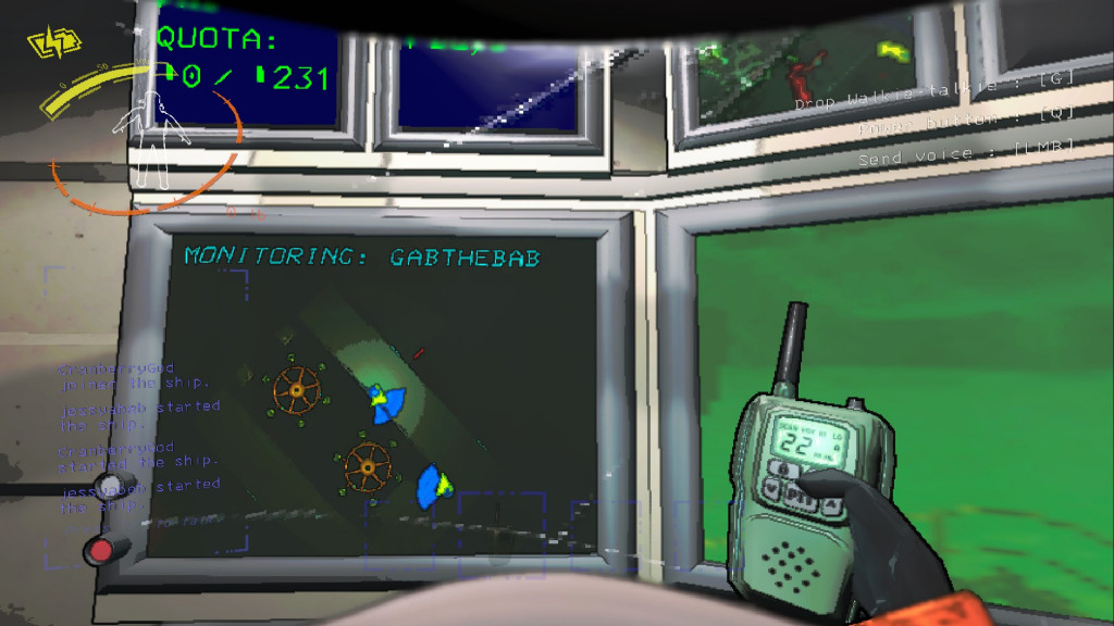 Screen cap from Lethal Company. Player is viewing the monitor and camera, and holding a walkie talkie. 