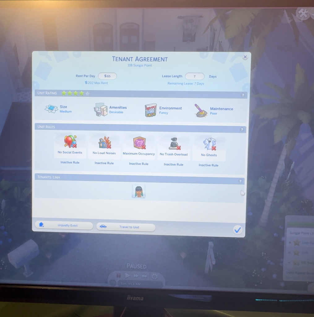 PC monitor showing a tenancy agreement within The Sims For Rent Expansion of The Sims 4