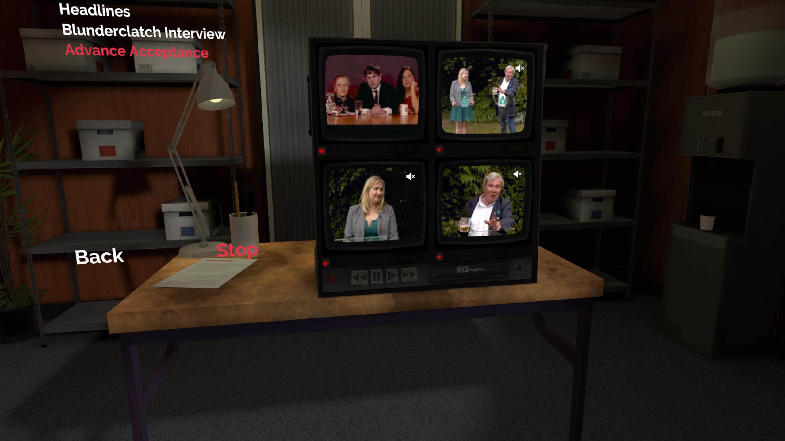the in game replay mode showing four screens all with different broadcasts on display. Top left shows a news presenter and the remaining three screens show different angles of two government members having an acceptance speech. The left side of the image shows an option to switch between chapters on the day.
