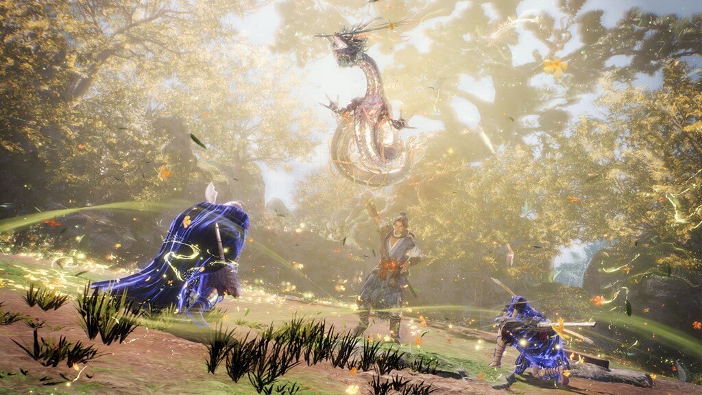 This a shot I snagged from a press kit site for Wo Long: Fallen Dynasty. The shot shows the main hero wielding a sword and summoning a spirit. Two Summoned characters are about to run towards the player.
