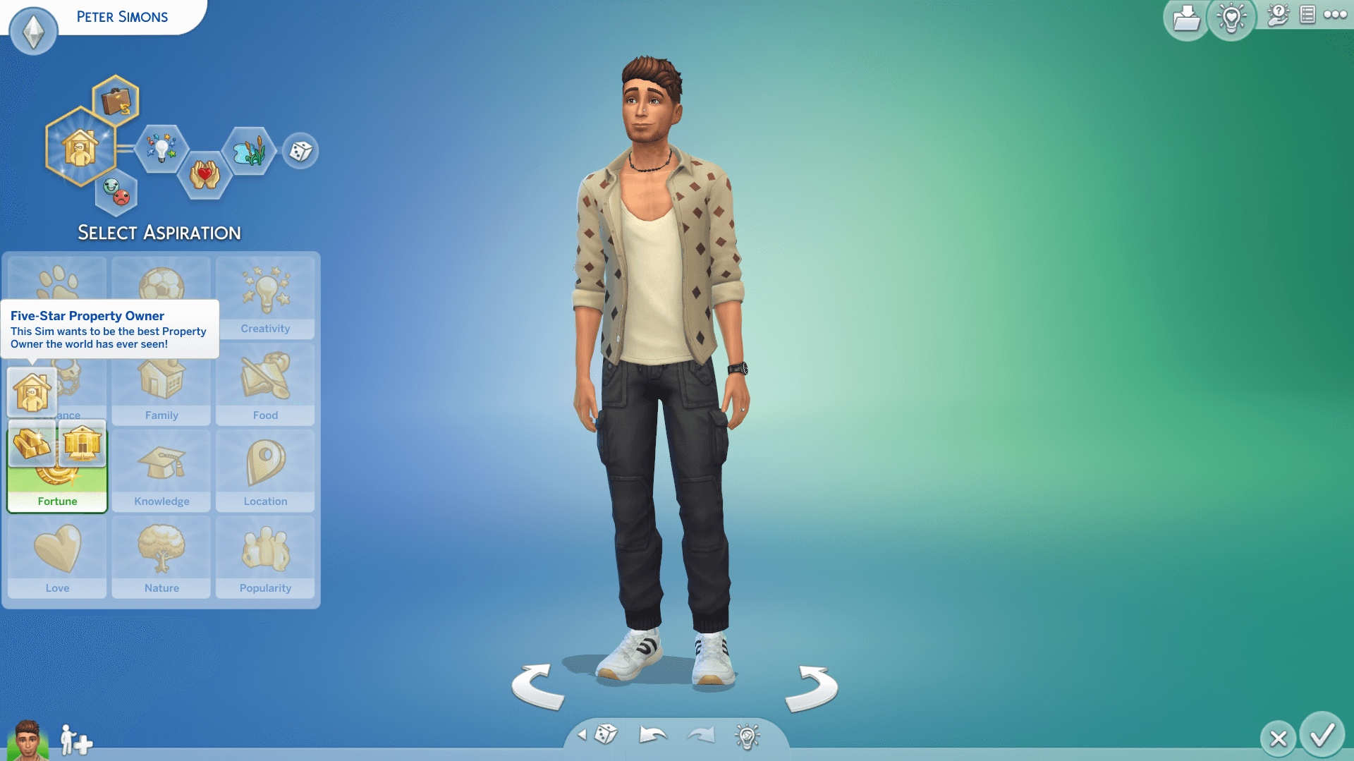 This picture shows a male sim in the middle, fully clothed in all new items from this expansion pack. To the left hand side, the cursor is over a new aspiration included with the expansion pack.