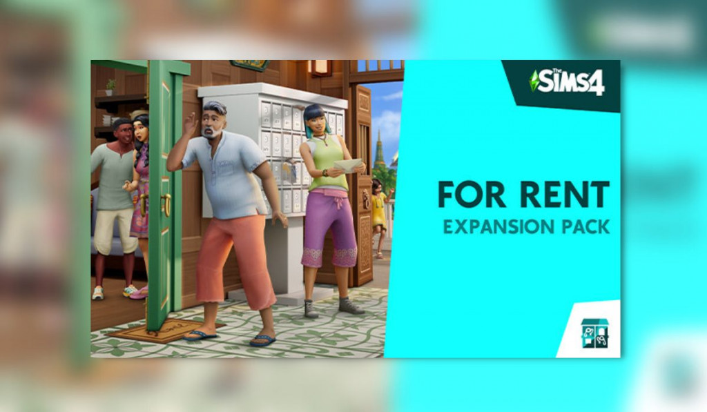 This image is a picture split into two. The right had side has a bright blue background with the words "For Rent", while the left hand side features 4 sims, with one leaning up against the door to hear what is being said.