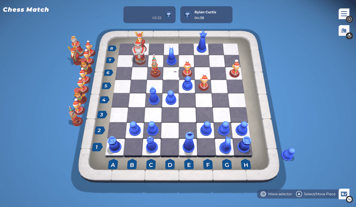 A standard chess set in a cartoonish style, with half of the pieces in a christmassy theme.
