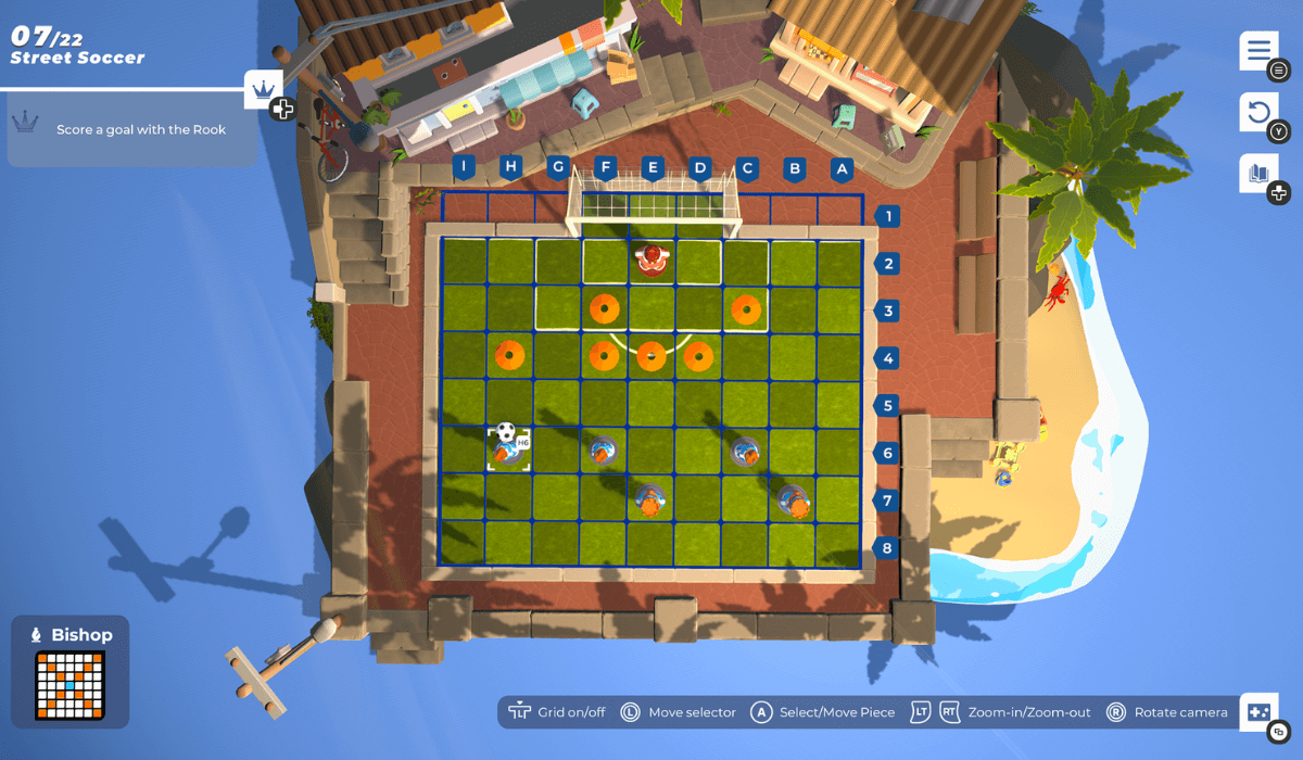 A top-down view of a nine-by-eight grid, with a variety of pieces on top of it. The pieces are themed around football/soccer players, with cones on the grid as obstacles. A football net is at the top, with a King dressed as a goalkeeper. The surroundings are based around a tropical-looking city, with a beach and shops dotted around the edge of the screen.