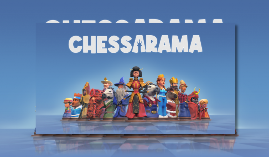 Chessarama featured image showing a number of chess pieces with character faces standing below the game title. All image is on a blue background and a reflective foreground
