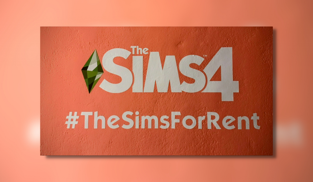 Plumbob (sims Log) the The Sims4 written beside it and underneath #TheSimsForRent all written in white on a pink/ salmon background